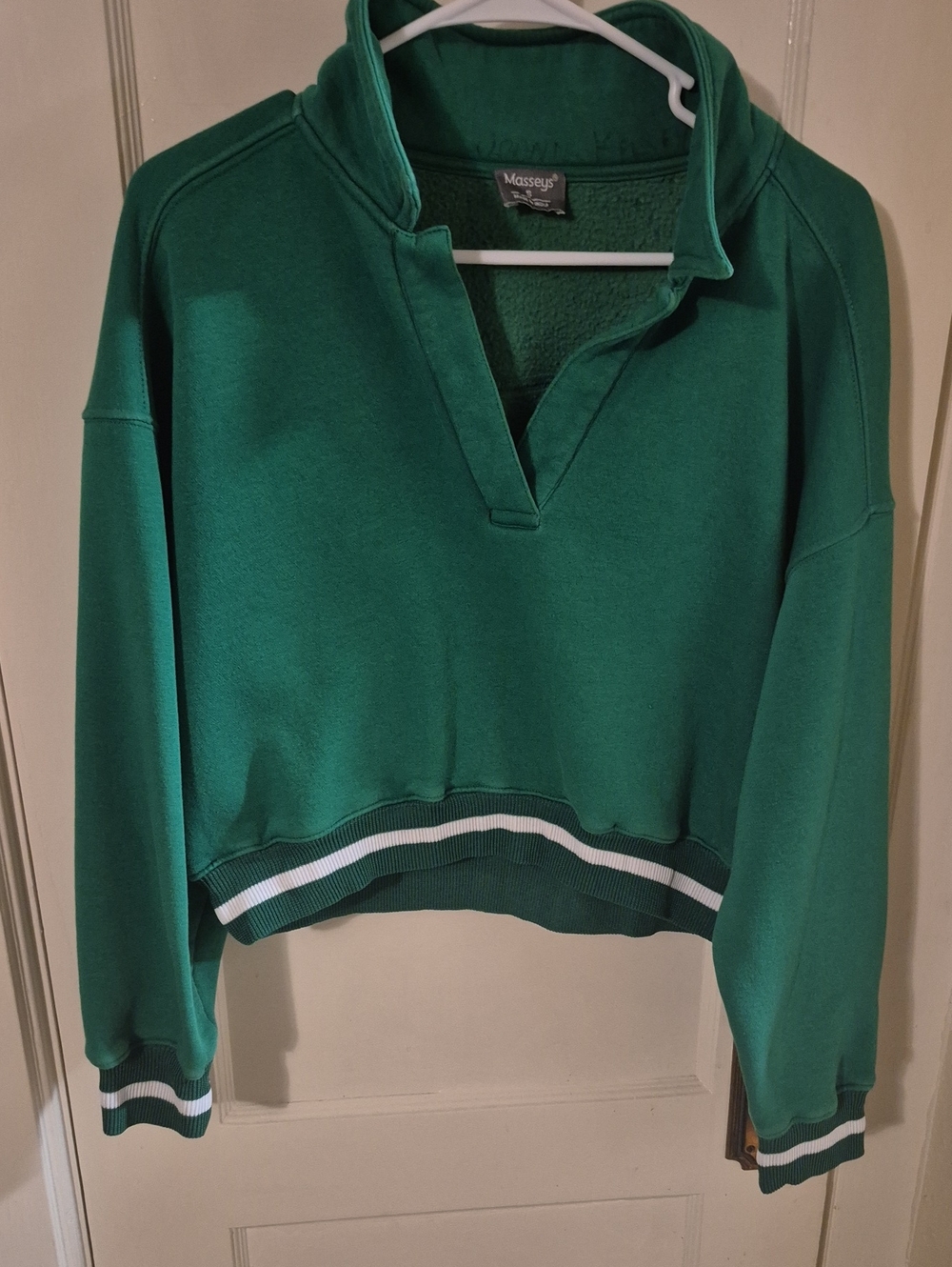 Emerald Green Cropped Quarter-Split Sweatshirt with Striped Hem